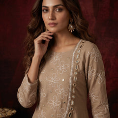 Beige Floral Embroidered Kurta with Mirror-Work Trim