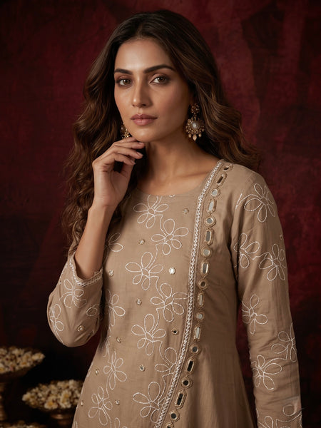 Beige Floral Embroidered Kurta with Mirror-Work Trim