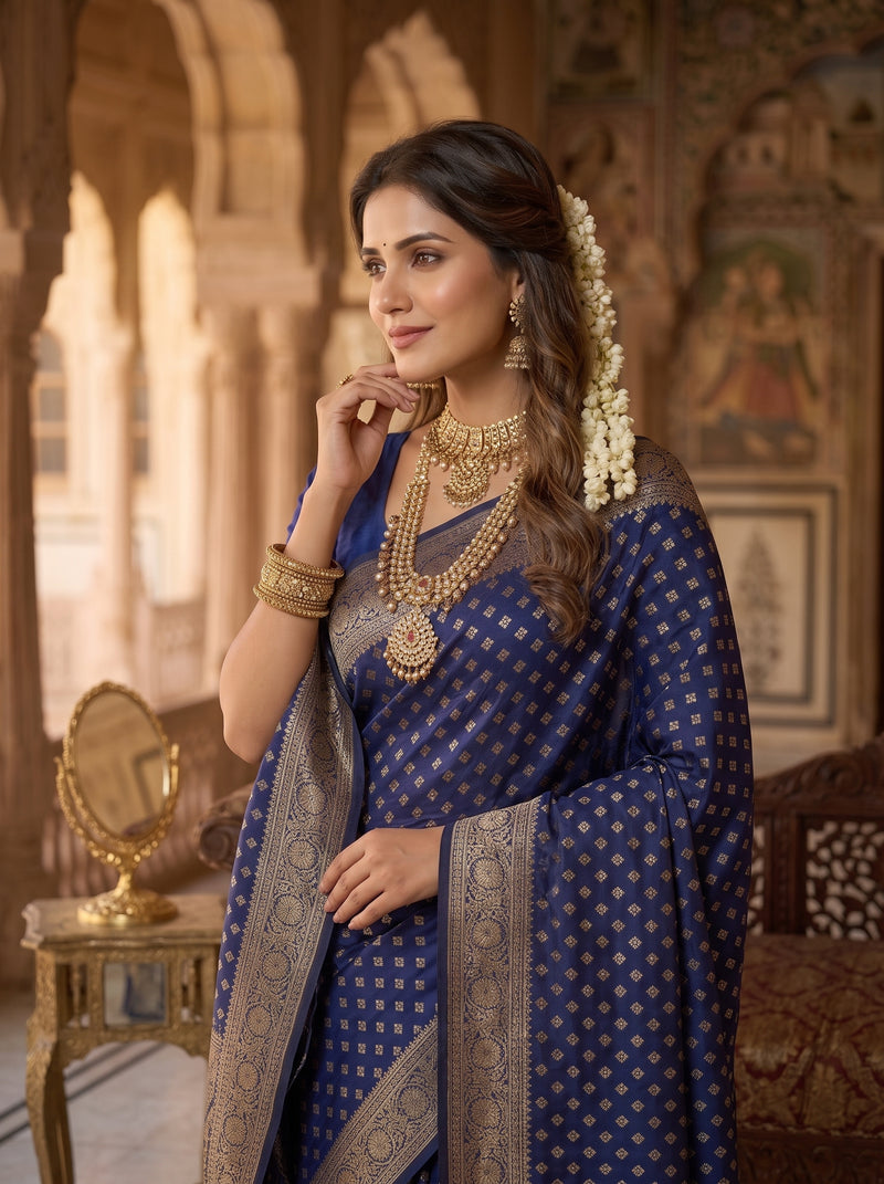 Royal Blue Banarasi Silk Saree with Golden Zari Butti Work, Woven Border & Rich Designer Pallu for Women