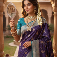 Deep Violet Purple Art Silk Banarasi Saree with Teal Blue Contrast Border & Blouse Piece