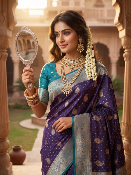 Deep Violet Purple Art Silk Banarasi Saree with Teal Blue Contrast Border & Blouse Piece