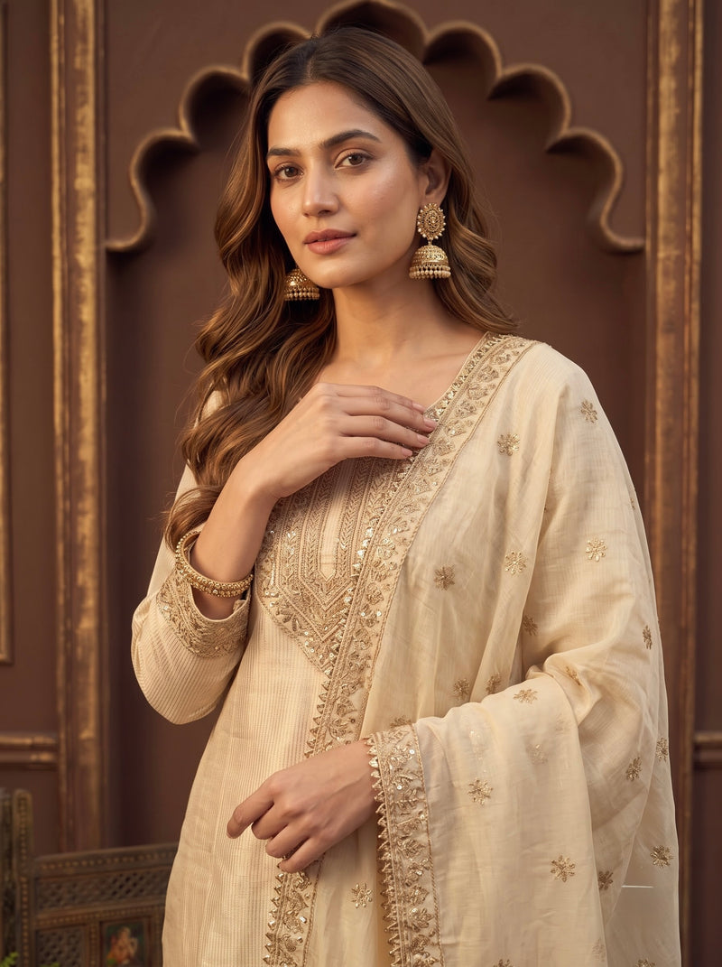 OffWhite Cream Zari-Embroidered Kurta with Dupatta