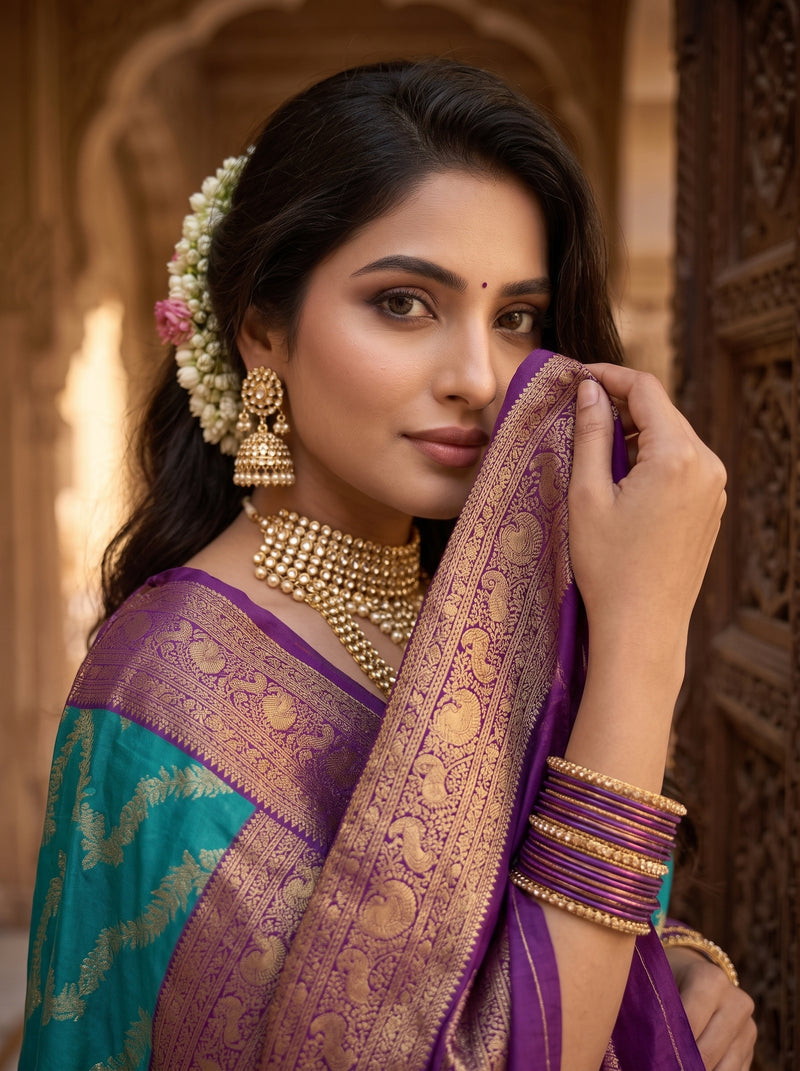 Peacock Teal Blue Art Silk Banarasi Saree with Deep Purple Contrast Pallu & Blouse Piece