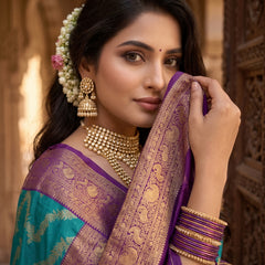Peacock Teal Blue Art Silk Banarasi Saree with Deep Purple Contrast Pallu & Blouse Piece