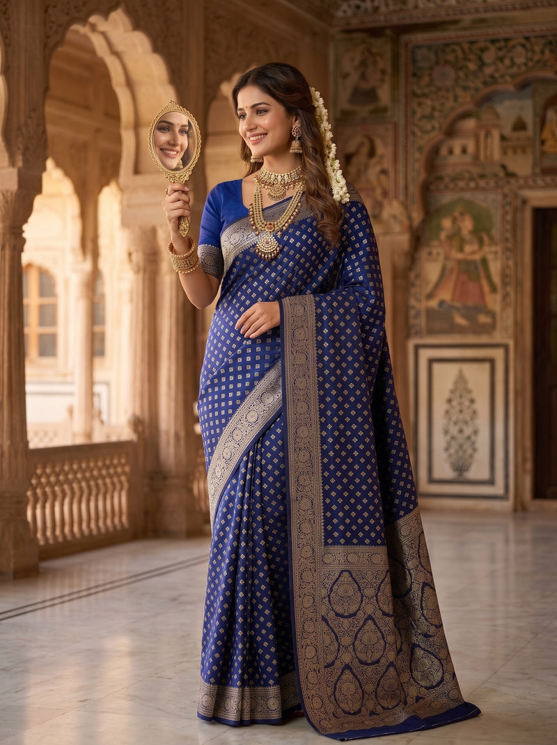 Royal Blue Banarasi Silk Saree with Golden Zari Butti Work, Woven Border & Rich Designer Pallu for Women