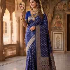 Royal Blue Banarasi Silk Saree with Golden Zari Butti Work, Woven Border & Rich Designer Pallu for Women