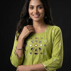 Lime Green Mirror-Work Kurta with Striped Palazzo