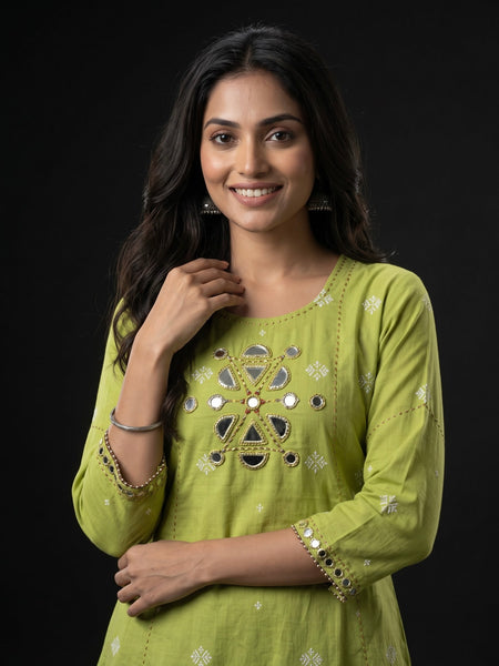 Lime Green Mirror-Work Kurta with Striped Palazzo