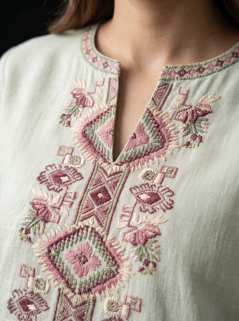 Sage Green Kurta with Geometric Floral