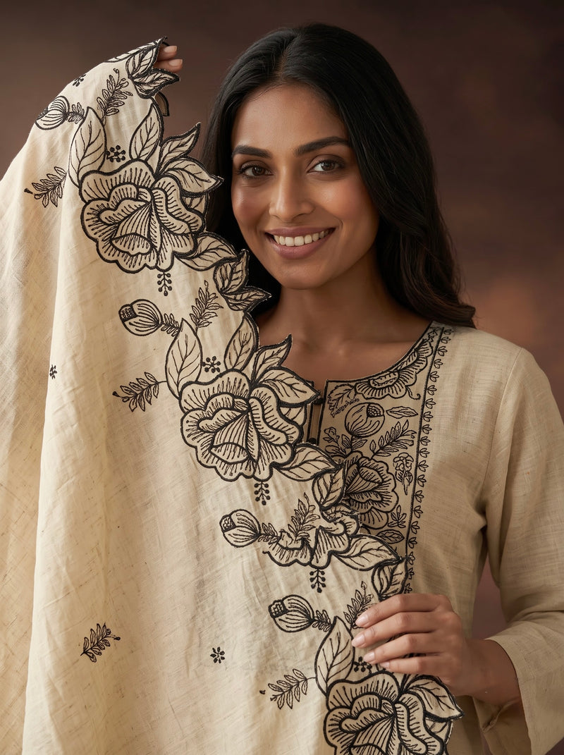 Cream Kurta Set with Black Rose Embroidery