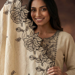 Cream Kurta Set with Black Rose Embroidery