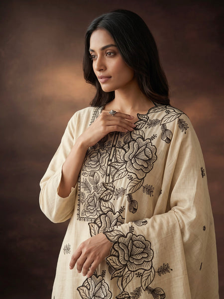 Cream Kurta Set with Black Rose Embroidery