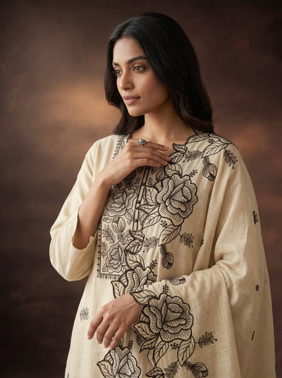 Cream Kurta Set with Black Rose Embroidery