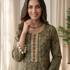 Olive Green Printed Tunic with Pom-Pom Trim