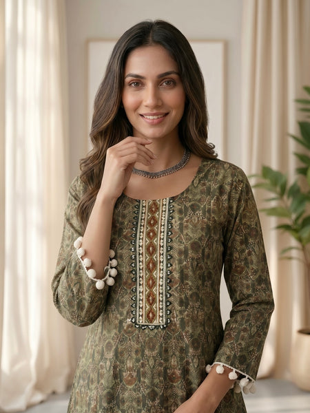 Olive Green Printed Tunic with Pom-Pom Trim