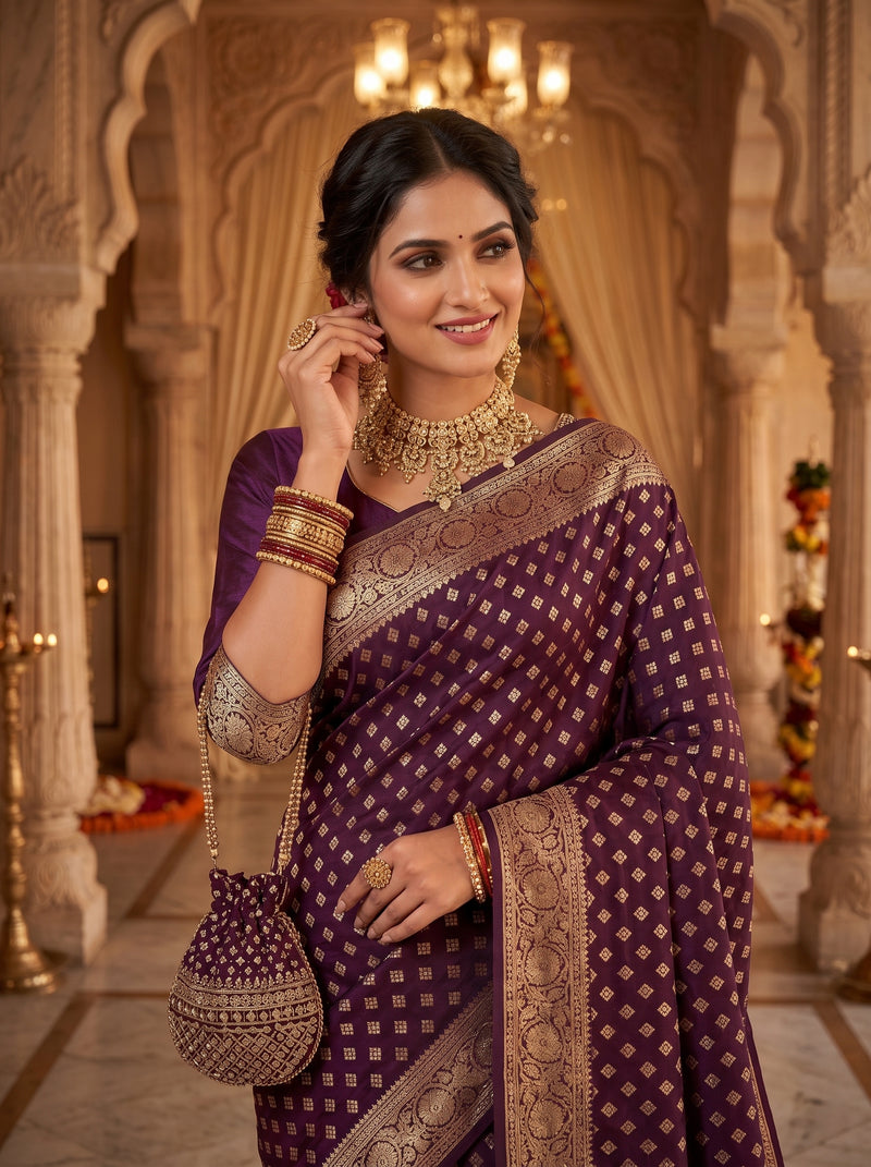 Wine Purple Banarasi Silk Saree with Golden Zari Diamond Butti Work, Floral Woven Border & Rich Pallu for Women