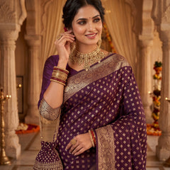 Wine Purple Banarasi Silk Saree with Golden Zari Diamond Butti Work, Floral Woven Border & Rich Pallu for Women