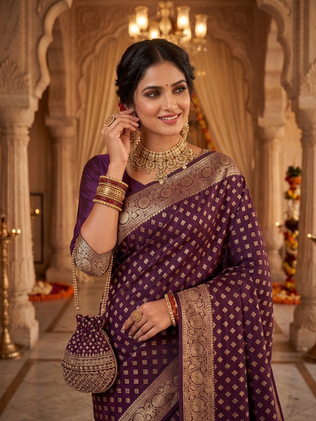 Wine Purple Banarasi Silk Saree with Golden Zari Diamond Butti Work, Floral Woven Border & Rich Pallu for Women