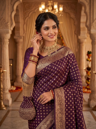 Wine Purple Banarasi Silk Saree with Golden Zari Diamond Butti Work, Floral Woven Border & Rich Pallu for Women