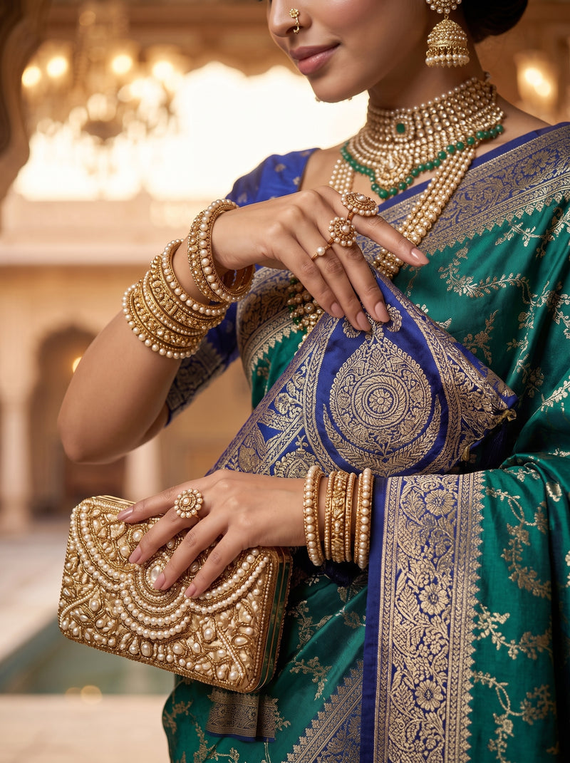 Royal Emerald Green Art Silk Banarasi Saree with Sapphire Blue Contrast Border & Pallu