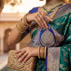 Royal Emerald Green Art Silk Banarasi Saree with Sapphire Blue Contrast Border & Pallu