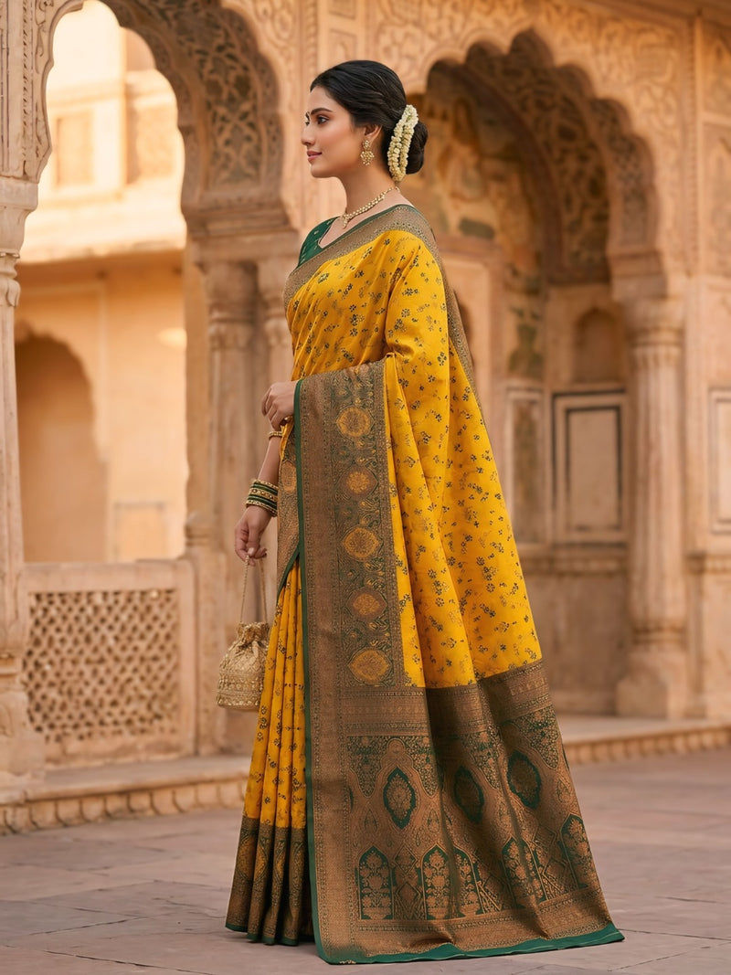 Classic yellow And Green Art Silk Premium And Fancy Design Saree With Blouse For Women