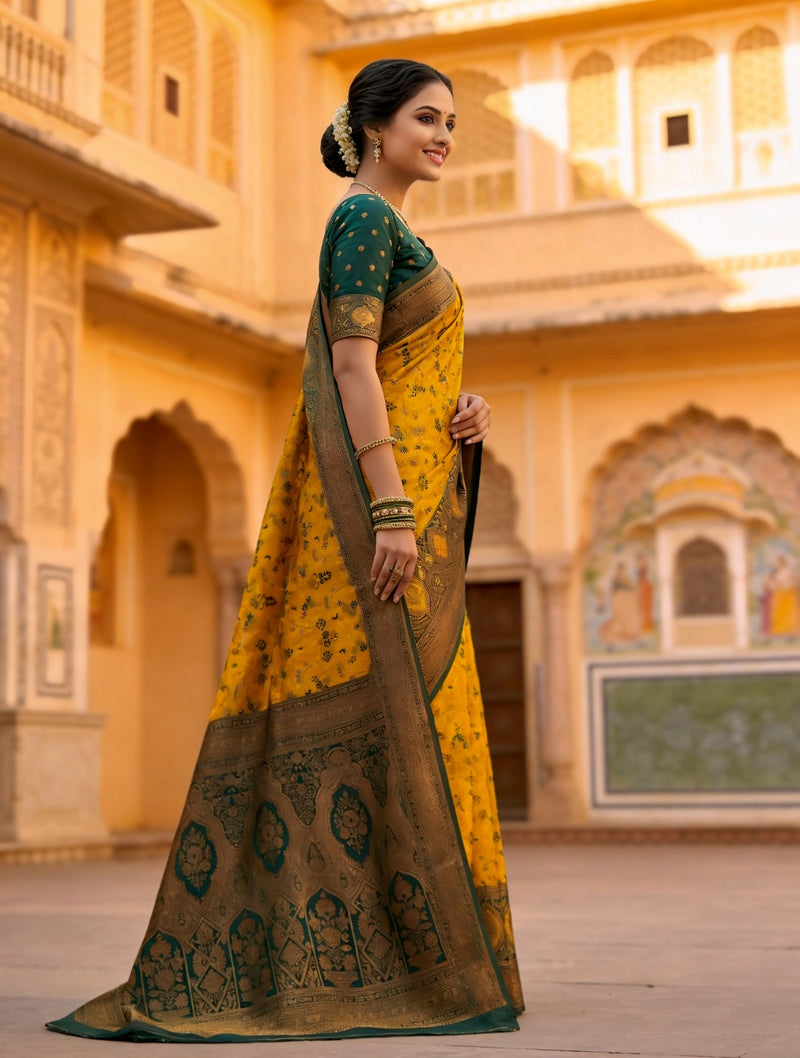 Classic yellow And Green Art Silk Premium And Fancy Design Saree With Blouse For Women