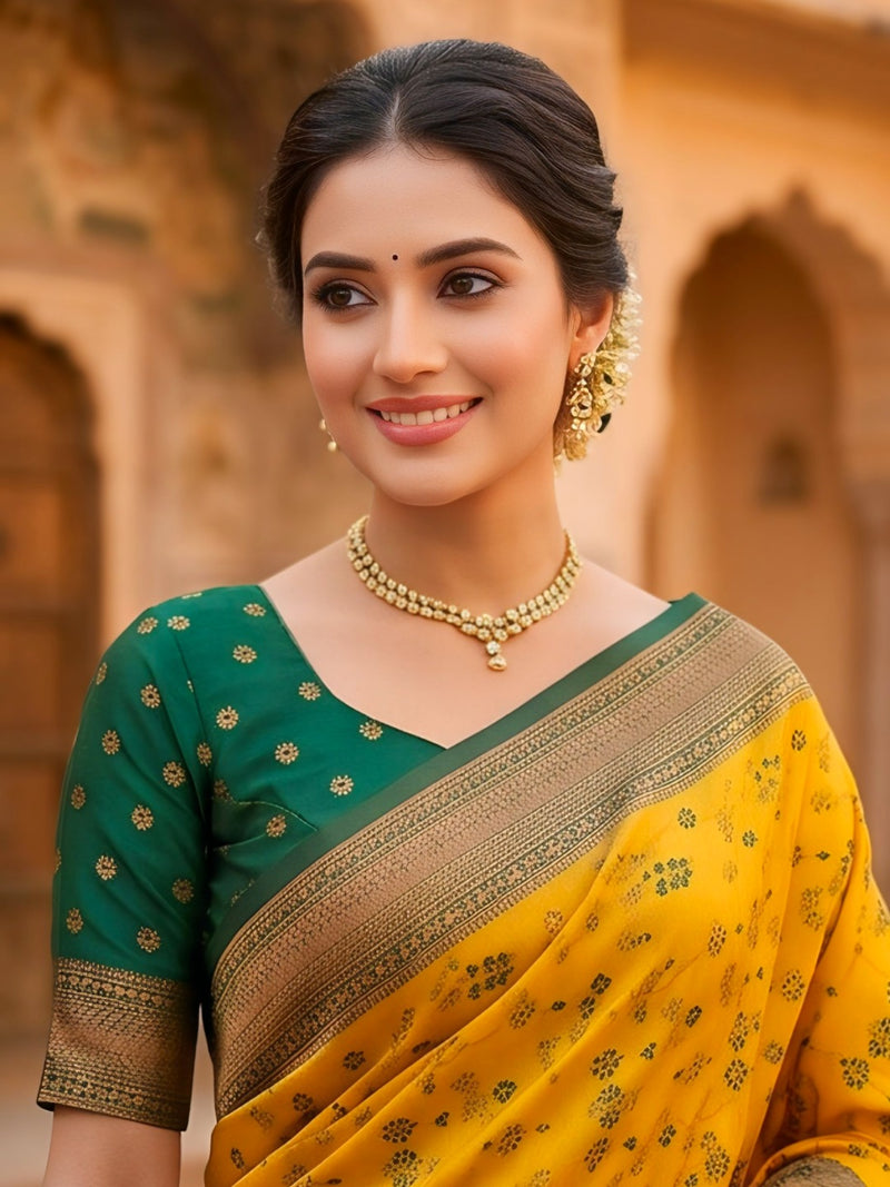 Classic yellow And Green Art Silk Premium And Fancy Design Saree With Blouse For Women