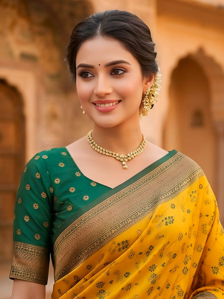 Classic yellow And Green Art Silk Premium And Fancy Design Saree With Blouse For Women
