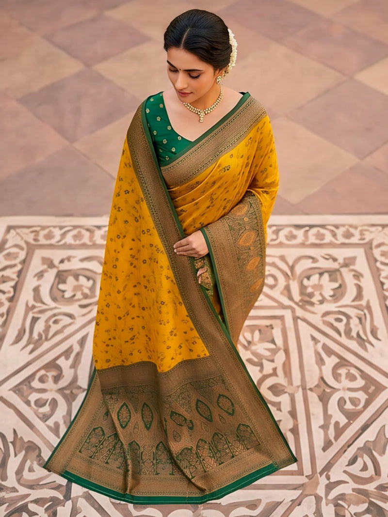 Classic yellow And Green Art Silk Premium And Fancy Design Saree With Blouse For Women
