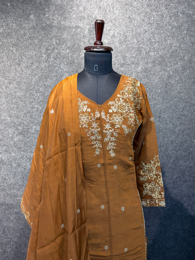 Caramel Brown Embroidered Kurta Set with Palazzo and Dupatta