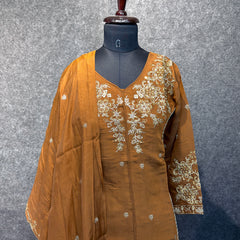 Caramel Brown Embroidered Kurta Set with Palazzo and Dupatta
