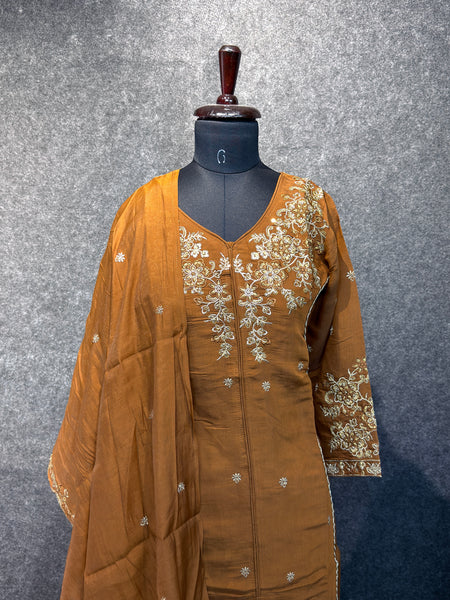 Caramel Brown Embroidered Kurta Set with Palazzo and Dupatta