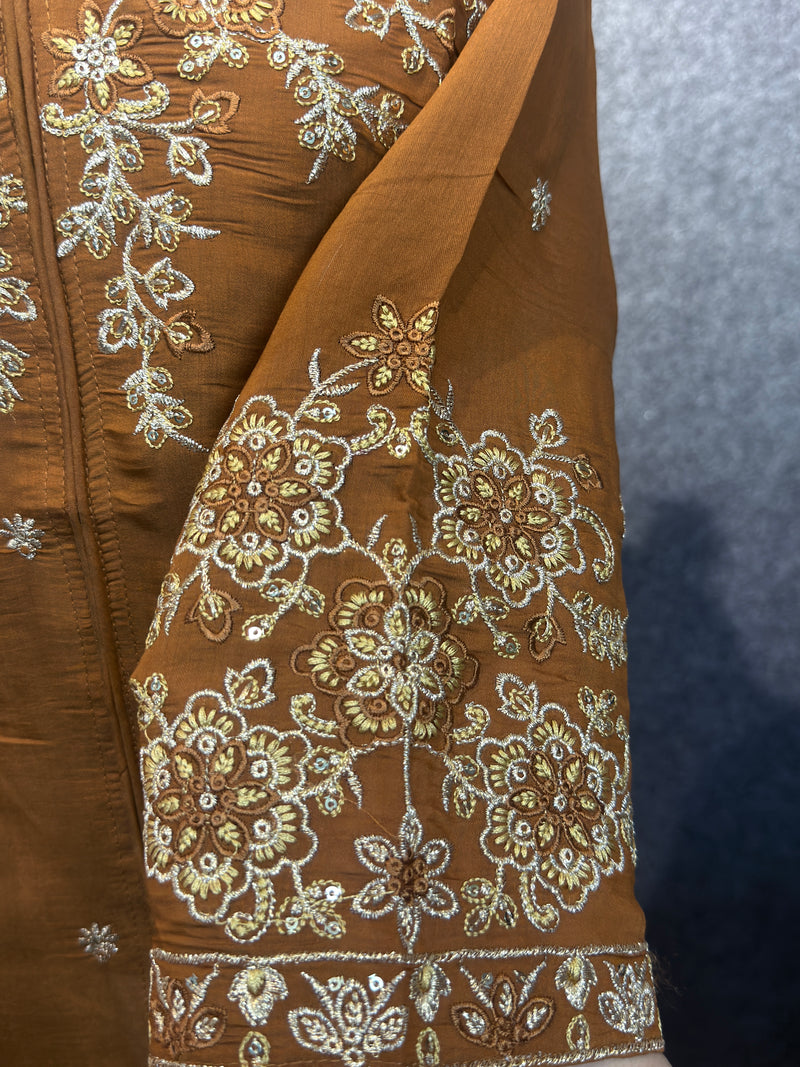 Caramel Brown Embroidered Kurta Set with Palazzo and Dupatta