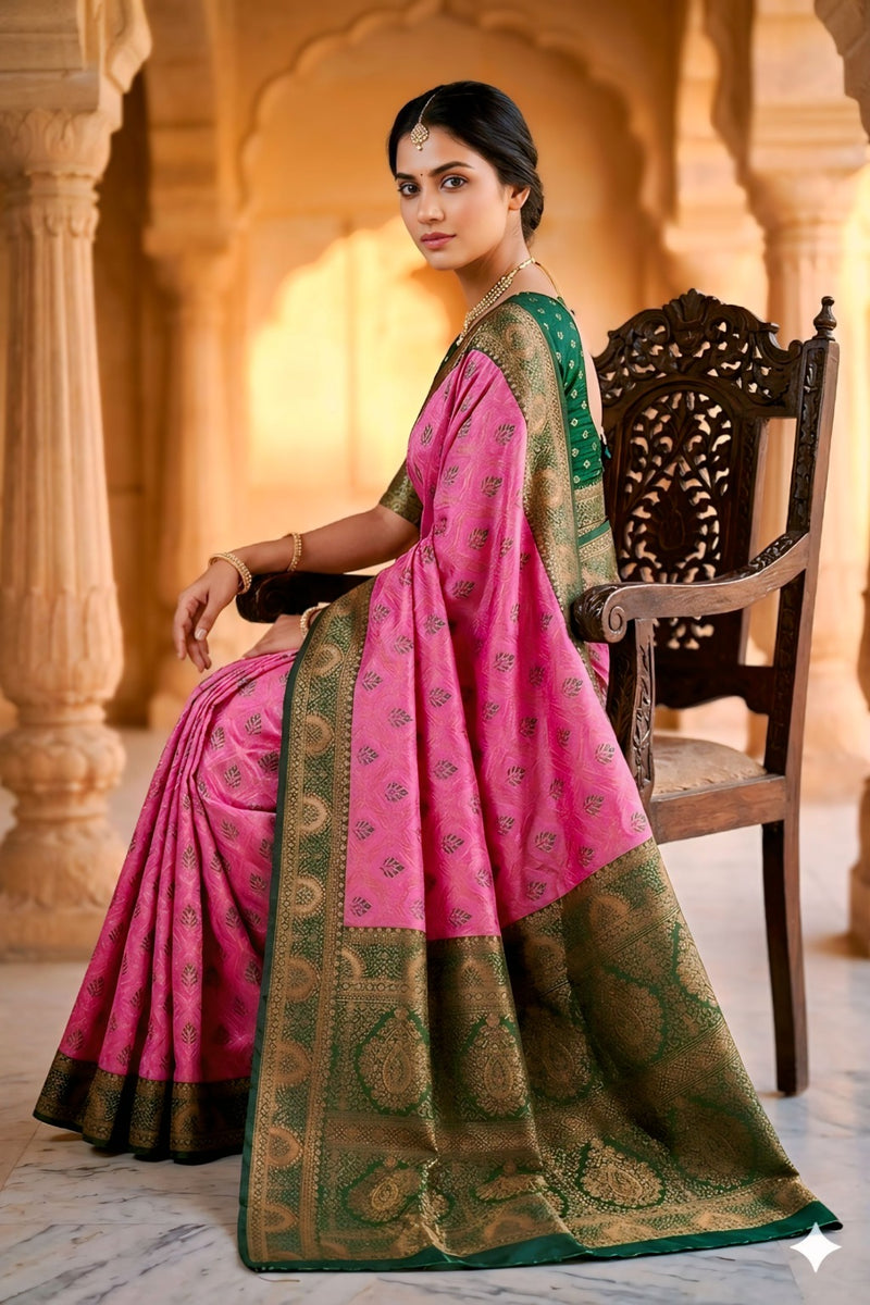 fuchsia pink & Bottle Green Jacquard Woven Saree with Rich Antique Gold Zari Border & Designer Pallu