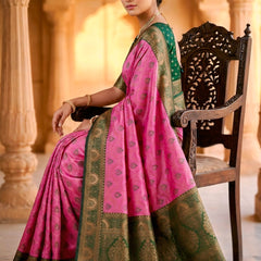fuchsia pink & Bottle Green Jacquard Woven Saree with Rich Antique Gold Zari Border & Designer Pallu