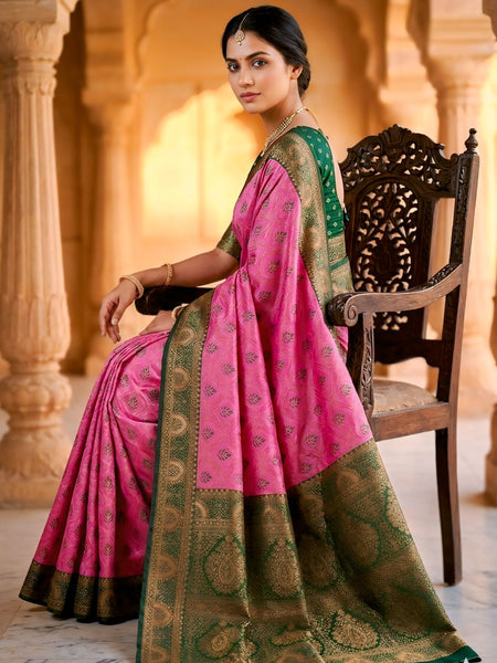 fuchsia pink & Bottle Green Jacquard Woven Saree with Rich Antique Gold Zari Border & Designer Pallu