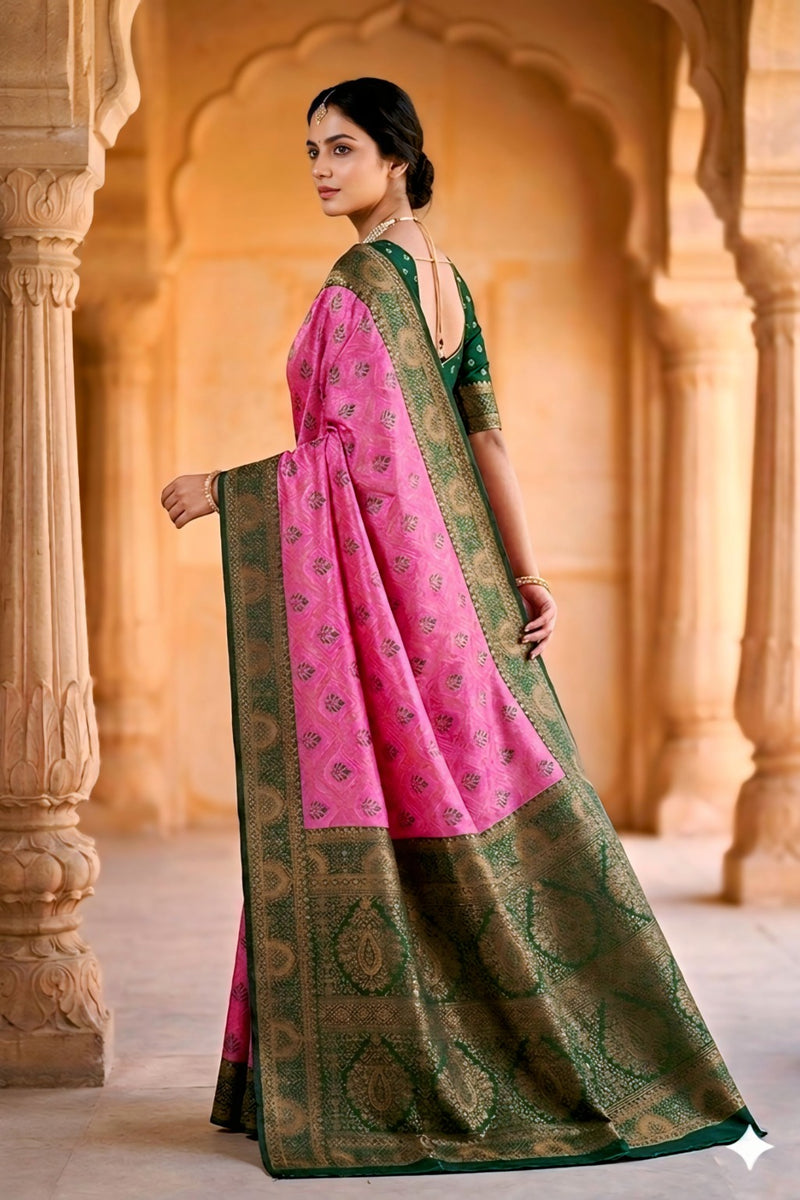 fuchsia pink & Bottle Green Jacquard Woven Saree with Rich Antique Gold Zari Border & Designer Pallu