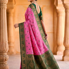 fuchsia pink & Bottle Green Jacquard Woven Saree with Rich Antique Gold Zari Border & Designer Pallu