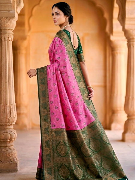 fuchsia pink & Bottle Green Jacquard Woven Saree with Rich Antique Gold Zari Border & Designer Pallu