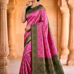 fuchsia pink & Bottle Green Jacquard Woven Saree with Rich Antique Gold Zari Border & Designer Pallu