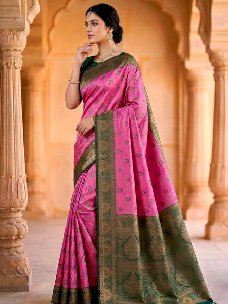 fuchsia pink & Bottle Green Jacquard Woven Saree with Rich Antique Gold Zari Border & Designer Pallu