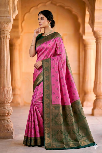 fuchsia pink & Bottle Green Jacquard Woven Saree with Rich Antique Gold Zari Border & Designer Pallu