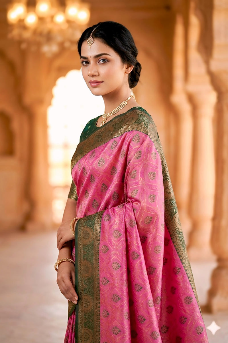 fuchsia pink & Bottle Green Jacquard Woven Saree with Rich Antique Gold Zari Border & Designer Pallu