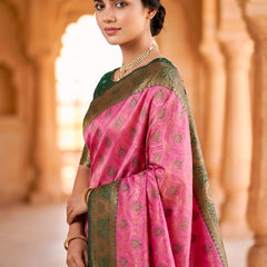 fuchsia pink & Bottle Green Jacquard Woven Saree with Rich Antique Gold Zari Border & Designer Pallu