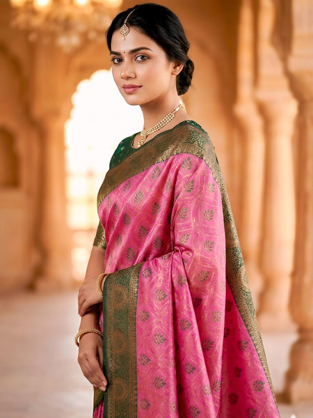 fuchsia pink & Bottle Green Jacquard Woven Saree with Rich Antique Gold Zari Border & Designer Pallu