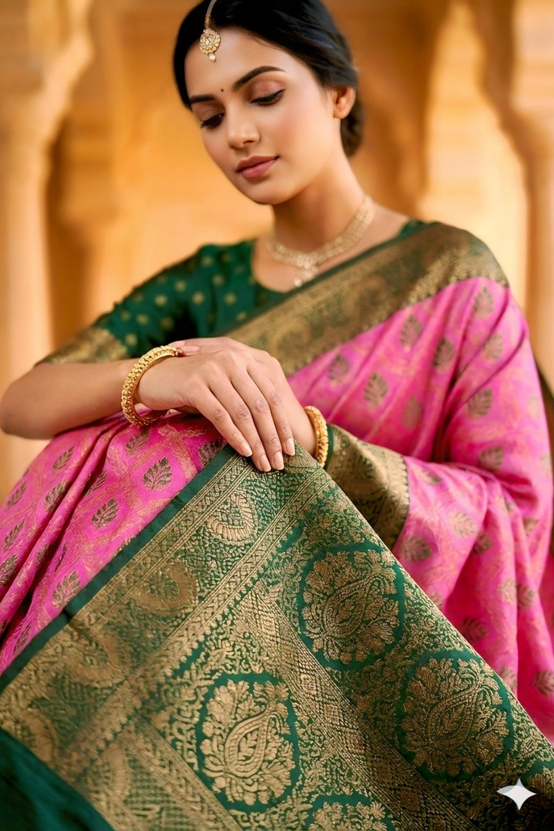 fuchsia pink & Bottle Green Jacquard Woven Saree with Rich Antique Gold Zari Border & Designer Pallu