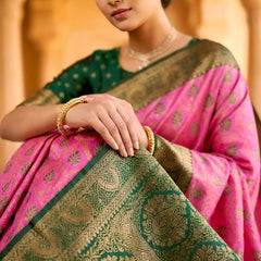 fuchsia pink & Bottle Green Jacquard Woven Saree with Rich Antique Gold Zari Border & Designer Pallu