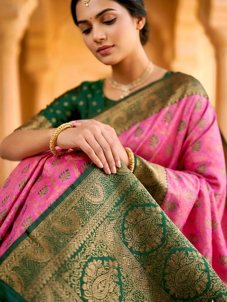 fuchsia pink & Bottle Green Jacquard Woven Saree with Rich Antique Gold Zari Border & Designer Pallu