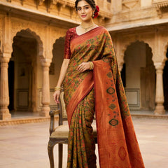 Mustard Brown & Rust Red Jacquard Woven Saree with Rich Zari Border & Traditional Designer Pallu